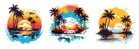 Tropical island with palm trees, car and sunset. Vector illustrationのイラスト素材