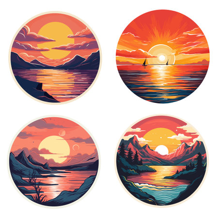 Set of four sunsets in the mountains and sea. Vector illustrationのイラスト素材