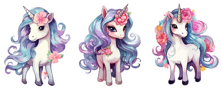 Set of cute unicorns with long mane and pink mane.のイラスト素材