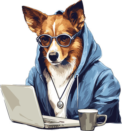 Illustration of a dog in a hood with a laptop and a cup of coffeeのイラスト素材