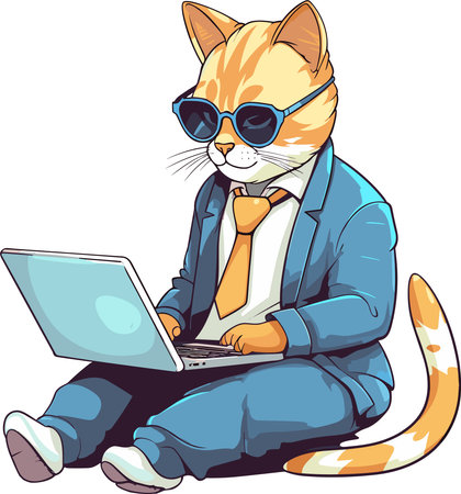 Illustration of a Cute Cat in Sunglasses with Laptopのイラスト素材