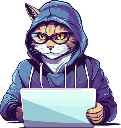 Illustration of a cat wearing hoodie and holding a laptop.のイラスト素材