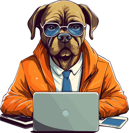 Illustration of a dog in a suit and tie with a laptopのイラスト素材