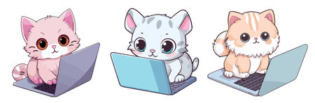 Cute cat with laptop vector illustration. Cartoon cat with laptop.のイラスト素材