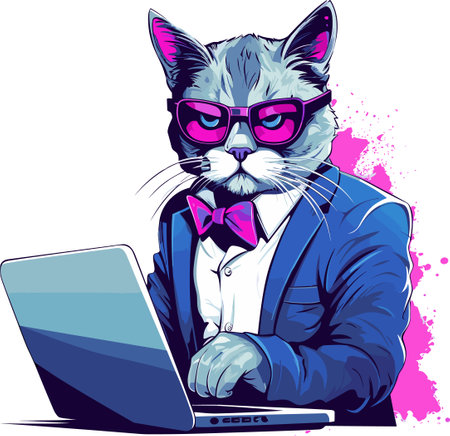 Vector illustration of a cat in a suit and glasses with a laptop.のイラスト素材