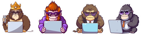 Gorilla and gorilla cartoon character with laptop computer. Vector illustrationのイラスト素材