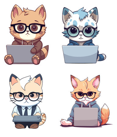 Cute cartoon cat in glasses and with laptop. Vector illustration.のイラスト素材
