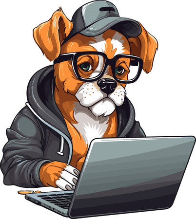 Cute dog with glasses and a laptop. Vector illustration isolated on white background.のイラスト素材