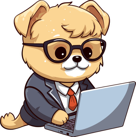Cute dog in business suit and glasses with laptop. Vector clip art illustration with simple gradients. All in a single layer.のイラスト素材