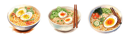 Ramen noodles set, japanese noodle with egg and vegetables, vector illustrationの写真素材