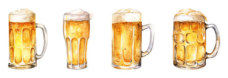 Set of beer mugs isolated on white background. Watercolor illustration.の写真素材