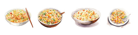 Set of Asian fried rice in bowls with chopsticks. Vector illustrationの写真素材