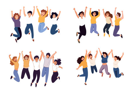 Happy people jumping and dancing. Group of young men and women having fun. Vector illustration in flat styleのイラスト素材