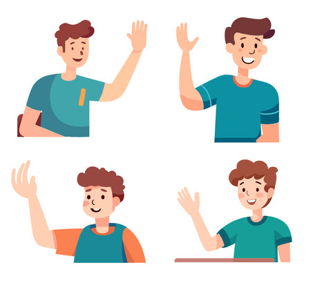 Set of happy smiling young men in casual clothes waving hands. Vector illustrationのイラスト素材