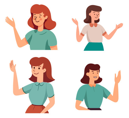 Set of women in different poses and gestures. Vector illustration in cartoon style.のイラスト素材
