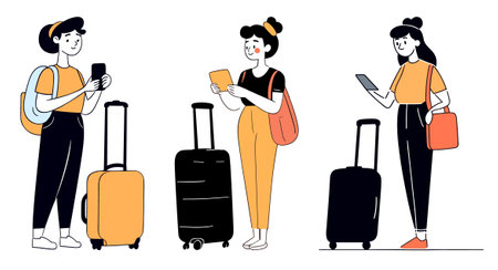 Vector illustration of a woman with suitcases waiting for a trip.のイラスト素材