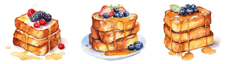 French toast with berries and maple syrup. Watercolor hand drawn illustrationの写真素材