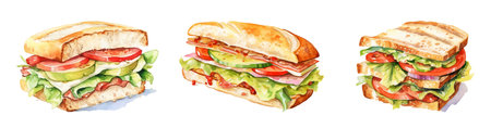 Sandwiches set. Hand drawn watercolor illustration isolated on white backgroundの写真素材