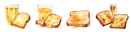 Bread toast with butter and honey, watercolor illustration on white backgroundの写真素材