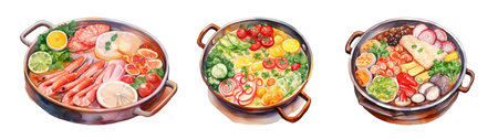 Soup with seafood, vegetables, meat, mushrooms, eggs, tomatoes, cucumbers, lemons, herbs and spices in a pan.の写真素材