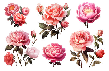 Set of pink roses isolated on white background. Watercolor illustration.の写真素材