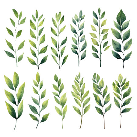 Set of watercolor green leaves on a white background. Vector illustration.の写真素材