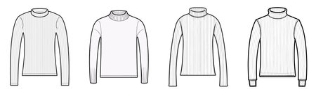 Turtleneck Sweater technical fashion illustration with long raglan sleeves, oversized body, tunic length. Flat jumper apparel template front, back, white color style. Women, men unisex CAD mockupのイラスト素材