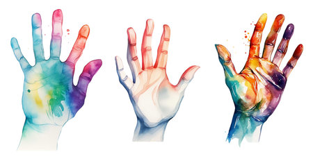 Colorful human hands isolated on white background. Watercolor hand drawn illustrationの写真素材
