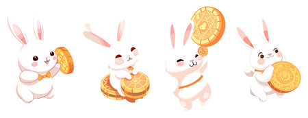 Cute cartoon bunnies with a golden coin. Vector illustration.のイラスト素材