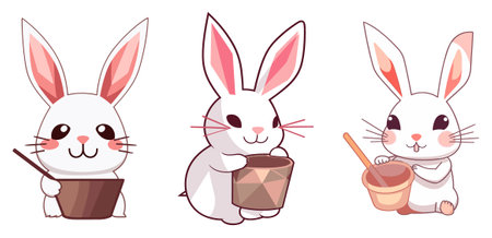Set of cute cartoon bunny in different actions. Vector illustration isolated on white background.のイラスト素材
