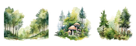 Watercolor summer landscape with green trees and mushrooms. Hand drawn illustrationの写真素材