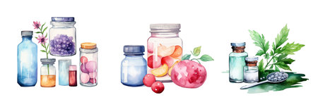 Set of watercolor bottles with essential oils and berries. Hand drawn illustrationの写真素材