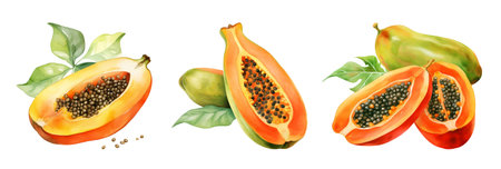 Papaya fruits with leaves isolated on white background. Vector illustration.の写真素材