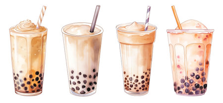 Vector illustration of bubble tea with milk and bubbles on a white backgroundの写真素材