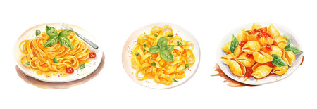 Italian pasta with basil, tomatoes and parmesan cheese. Hand drawn watercolor illustrationの写真素材