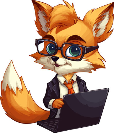 Cute fox with glasses and laptop isolated on white background. Vector illustration.のイラスト素材