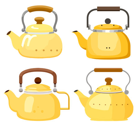 Set of yellow teapots on a white background. Vector illustrationのイラスト素材