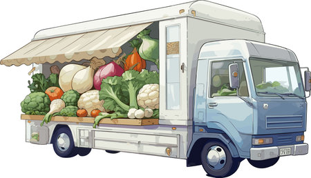 Illustration of a truck full of fresh vegetables on a white backgroundのイラスト素材