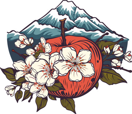 Illustration of an apple tree with flowers and mountains in the background.のイラスト素材