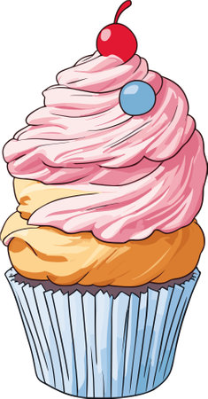 Illustration of a Cupcake with a cherry on top on a white backgroundのイラスト素材