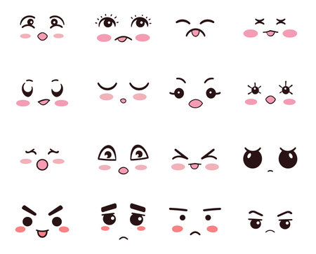 Cute kawaii faces. Kawaii emoticons with different expressions. Vector illustration.のイラスト素材