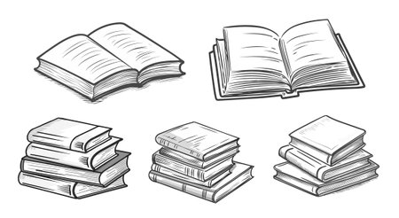 Set of books. Hand drawn vector illustration in sketch style. Isolated on white background.のイラスト素材