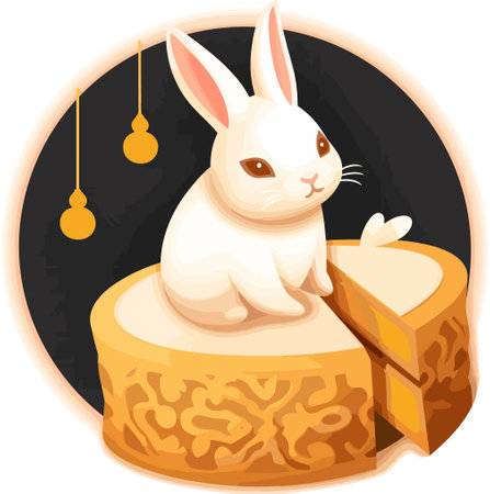 Illustration of a Cute White Rabbit Sitting on a Piece of Round Cakeのイラスト素材