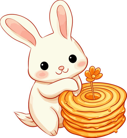 Cute rabbit and stack of pancakes isolated on white background. Vector illustration.のイラスト素材