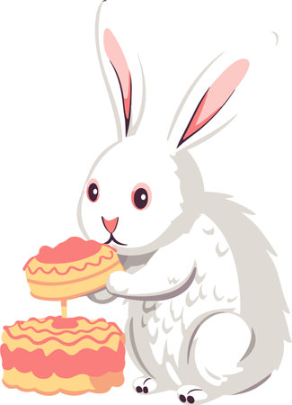 Cute white rabbit eating cake isolated on white background. Vector illustration.のイラスト素材