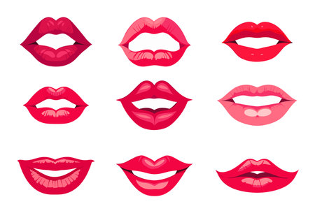 Lips set. Sexy female lips. Red glossy lips. Vector illustrationのイラスト素材