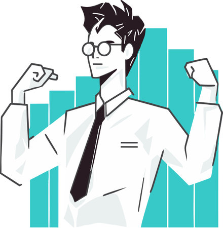 Illustration of a male scientist with arms raised flexing biceps looking to the side set on isolated white background done in cartoon style.のイラスト素材