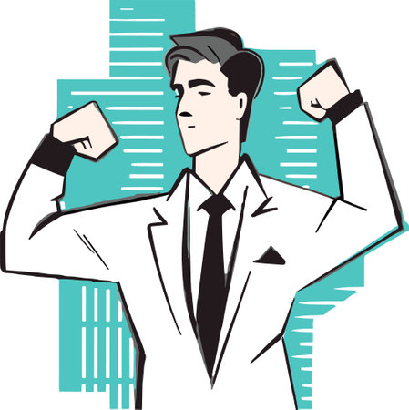 Illustration of a male doctor with arms raised flexing bicepsのイラスト素材