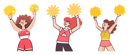 Cheerleaders set. Cheerleaders with pompoms. Vector illustrationのイラスト素材