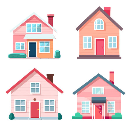 Cute cartoon houses set isolated on white background. Vector illustration.のイラスト素材